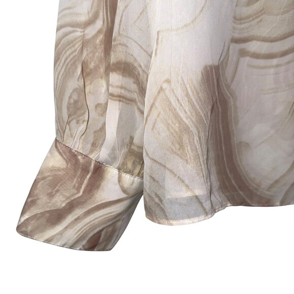 Worthington Beige Marble Print Sheer Long Sleeve Blouse Womens L Tall - Picture 2 of 7